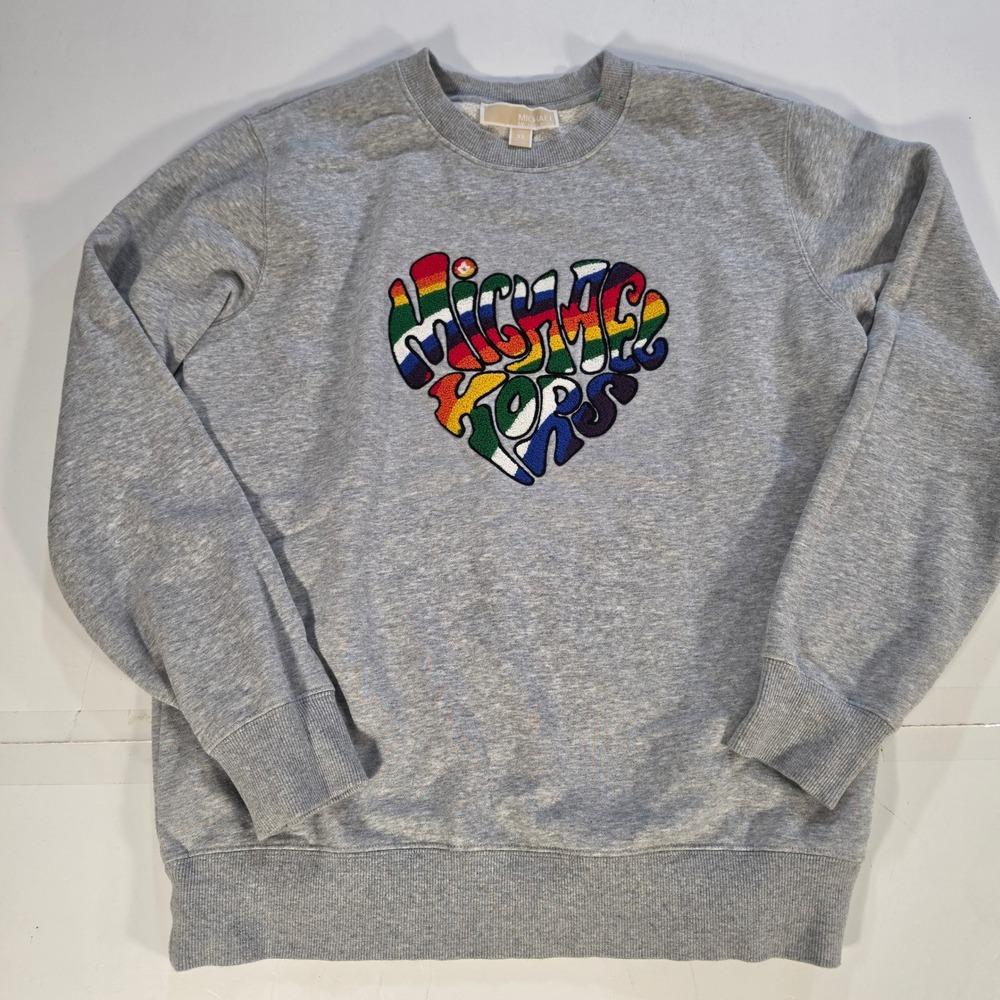 Michael Kors Grey Rainbow Chenille Heart Logo Sweatshirt XS Pullover Fleece